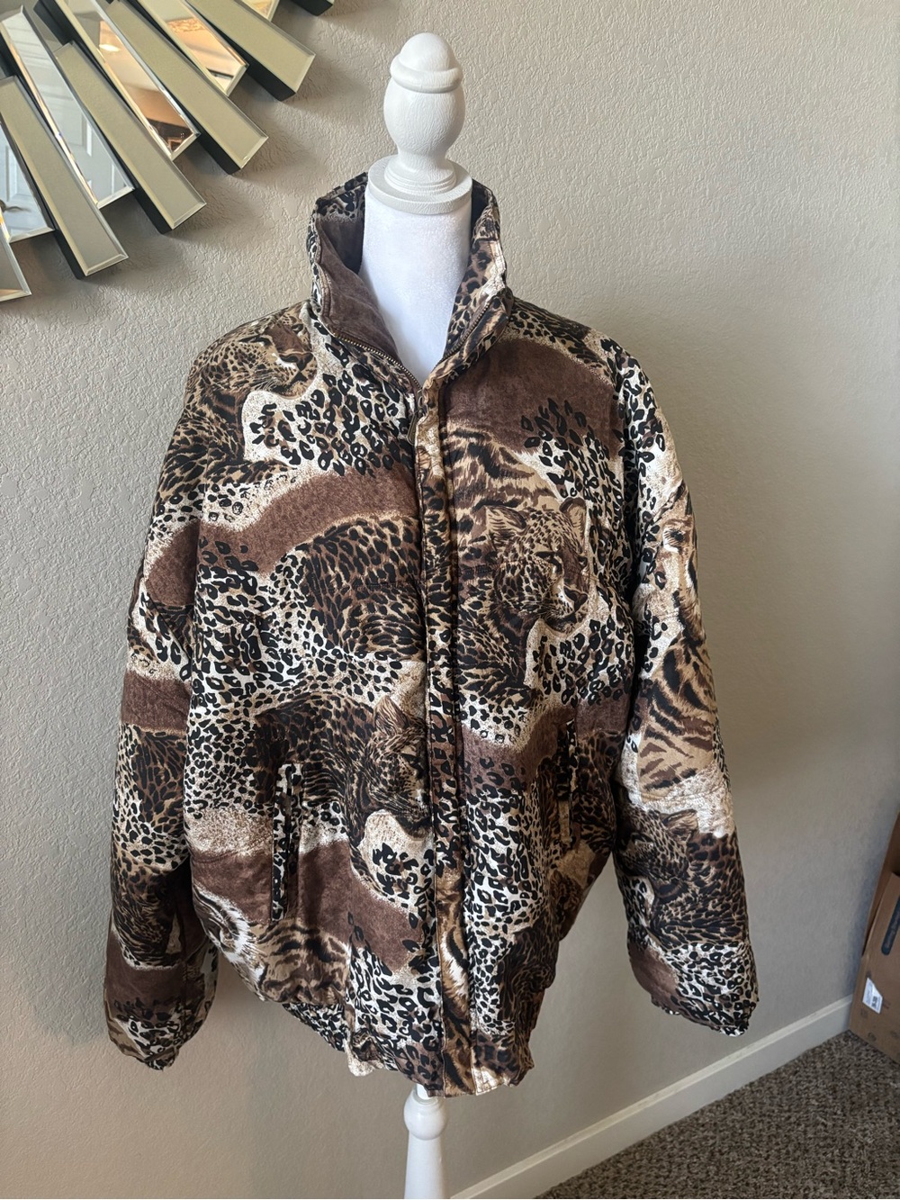 Leopard Print Plush Puffer Jacket - Brown